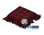MacDonald tartan kilt fly plaid with free Celtic brooch, bold red and green clan pattern traditional Scottish Highland dress