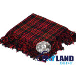 MacDonald tartan kilt fly plaid with free Celtic brooch, bold red and green clan pattern traditional Scottish Highland dress