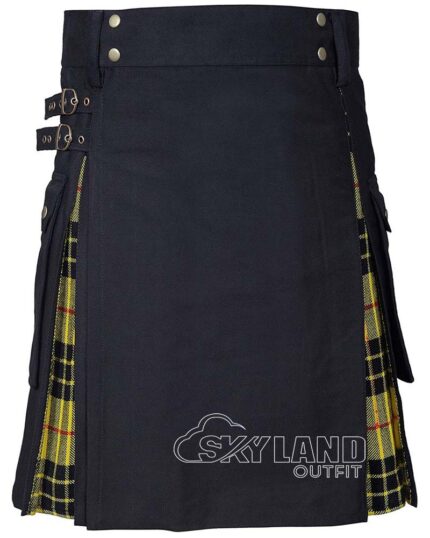 Man wearing MacLeod of Lewis tartan black cotton hybrid utility kilt
