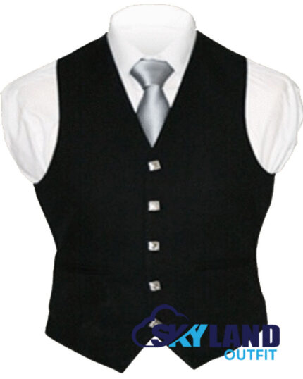 Solid black tartan 5-button Argyle waistcoat made to order for Highland wear and kilts