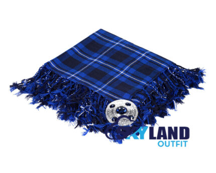 Ramsey Blue Tartan Kilt Fly Plaid with Free Brooch—48" hand-fringed Clan Ramsey blue, green, black wool