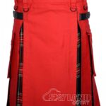 Black Stewart tartan hybrid utility kilt with red cotton body