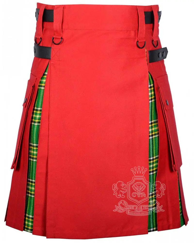 Irish tartan hybrid utility kilt with red cotton body