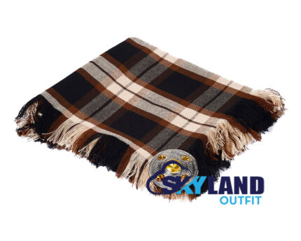 Rose Ancient tartan kilt fly plaid with free Celtic brooch, weathered red and green ancient pattern representing clan Rose of Nairnshire Scottish heritage