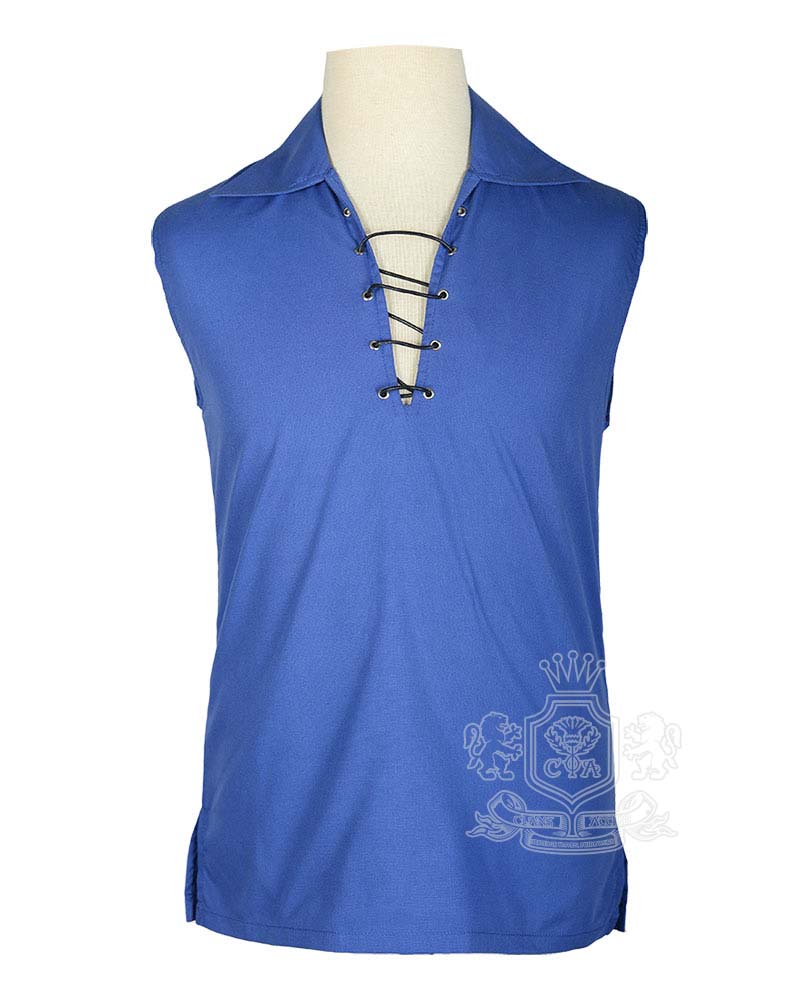 sleeveless-royal-blue-cotton-ghillie-shirt-front Royal blue Jacobite ghillie kilt shirt sleeveless polycotton Jacobean style