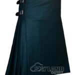 Solid blue wool 8-yard kilt front view—hand-pleated traditional construction in clean, even blue pure wool without tartan pattern