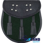 Solid Green Tartan Sporran Black Leather Scottish Sporran