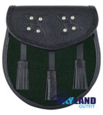 Solid Green Tartan Sporran Black Leather Scottish Sporran