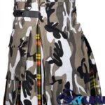 jungle grey camo hybrid utility kilt front view, Buchanan tartan kilt back pleats, grey camo and tartan hybrid kilt, adjustable strap grey camo kilt, cotton hybrid utility kilt for men,