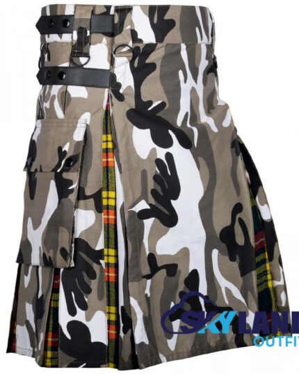 jungle grey camo hybrid utility kilt front view, Buchanan tartan kilt back pleats, grey camo and tartan hybrid kilt, adjustable strap grey camo kilt, cotton hybrid utility kilt for men,