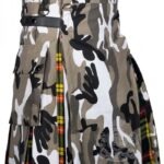 jungle grey camo hybrid utility kilt front view, Buchanan tartan kilt back pleats, grey camo and tartan hybrid kilt, adjustable strap grey camo kilt, cotton hybrid utility kilt for men,