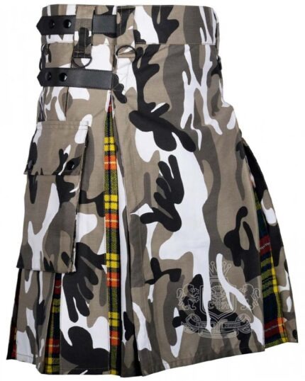 jungle grey camo hybrid utility kilt front view, Buchanan tartan kilt back pleats, grey camo and tartan hybrid kilt, adjustable strap grey camo kilt, cotton hybrid utility kilt for men,