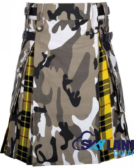 jungle camo hybrid utility kilt front view, MacLeod of Lewis tartan pleated kilt back, hybrid utility kilt cargo pockets, adjustable strap jungle camo kilt, cotton hybrid kilt for men.
