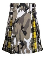 jungle camo hybrid utility kilt front view, MacLeod of Lewis tartan pleated kilt back, hybrid utility kilt cargo pockets, adjustable strap jungle camo kilt, cotton hybrid kilt for men.