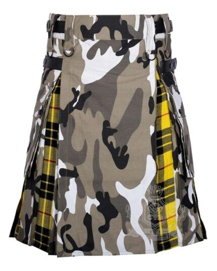 jungle camo hybrid utility kilt front view, MacLeod of Lewis tartan pleated kilt back, hybrid utility kilt cargo pockets, adjustable strap jungle camo kilt, cotton hybrid kilt for men.