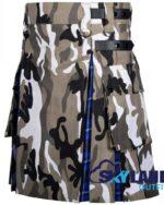 jungle grey camo hybrid utility kilt front view, Ramsey Blue tartan kilt back pleats, grey camo and tartan hybrid kilt, adjustable strap grey camo kilt, cotton hybrid utility kilt for men,