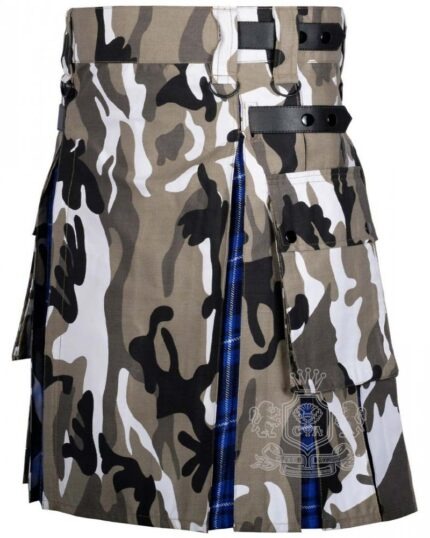 jungle grey camo hybrid utility kilt front view, Ramsey Blue tartan kilt back pleats, grey camo and tartan hybrid kilt, adjustable strap grey camo kilt, cotton hybrid utility kilt for men,