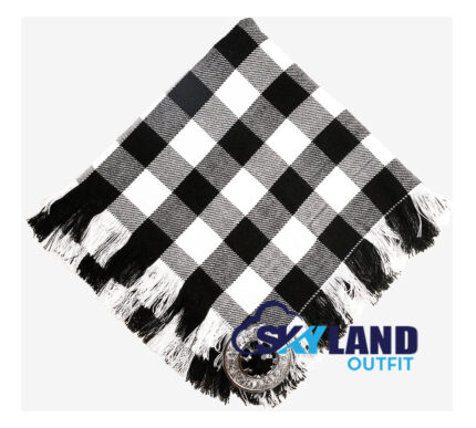 Rob Roy tartan kilt fly plaid with free Celtic brooch, distinctive white and black check pattern representing legendary Scottish outlaw MacGregor clan heritage