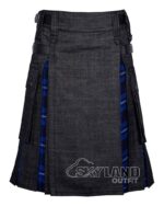 Black denim American Patriot tartan hybrid utility kilt with cargo pockets and leather straps for patriotic casual wear