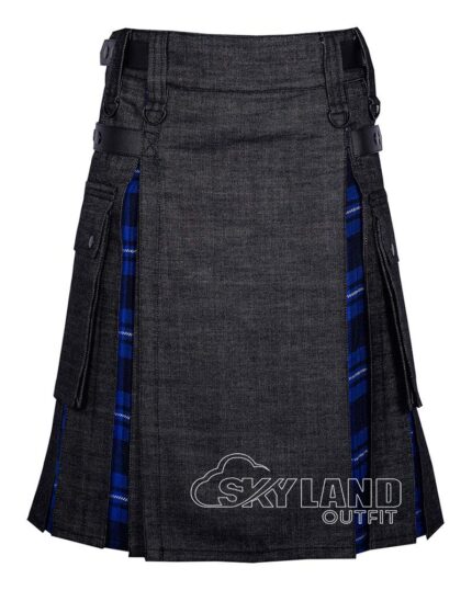Black denim American Patriot tartan hybrid utility kilt with cargo pockets and leather straps for patriotic casual wear