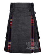 Black denim Black Stewart tartan hybrid utility kilt