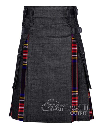 Black denim Black Stewart tartan hybrid utility kilt