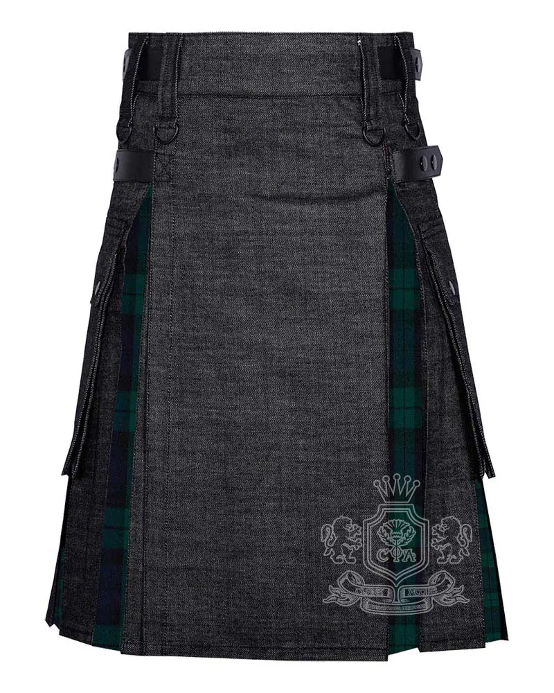Black denim Black Watch tartan hybrid utility kilt