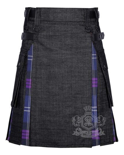 Heritage of Scotland tartan hybrid utility kilt with black denim body