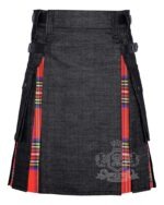 Man in Royal Stewart tartan black denim hybrid utility kilt