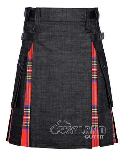 Man in Royal Stewart tartan black denim hybrid utility kilt