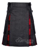 Man in Scottish Rose tartan black denim hybrid utility kilt