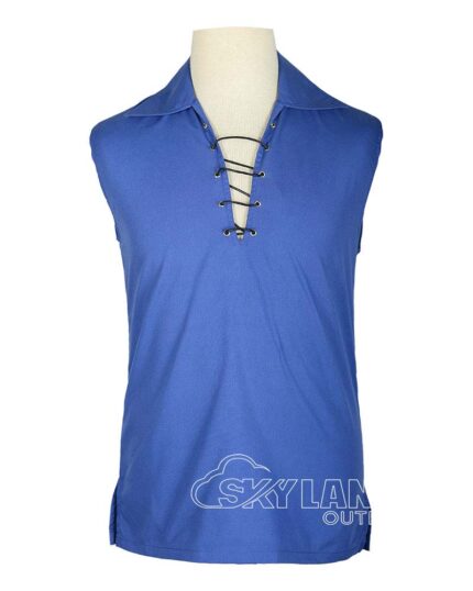 Royal blue Jacobite ghillie kilt shirt sleeveless polycotton Jacobean style