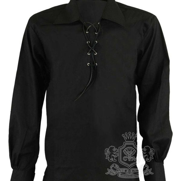 Black Cotton Jacobite Ghillie Kilt Shirt | Traditional Scottish Shirt