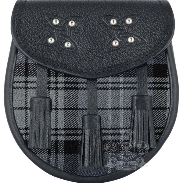 Hamilton Grey Tartan Black Leather Sporran | Scottish Kilt Pouch