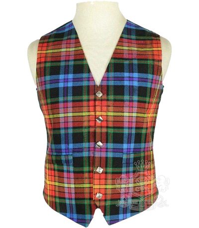 LGBTQ Pride Tartan Vest in vibrant rainbow red orange yellow green blue and purple officially registered tartan, 5-button front view