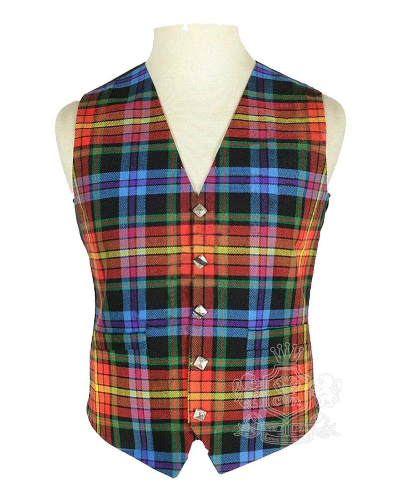 LGBTQ Pride Tartan Vest in vibrant rainbow red orange yellow green blue and purple officially registered tartan, 5-button front view