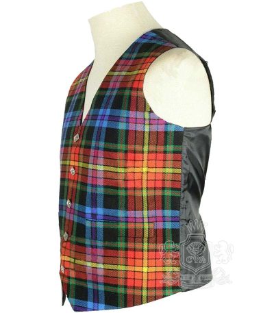 Pride tartan waistcoat showing Celtic silver buttons and V-neck design detail