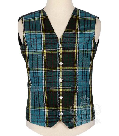Anderson Tartan Vest in bold red green and black clan tartan, 5-button front view
