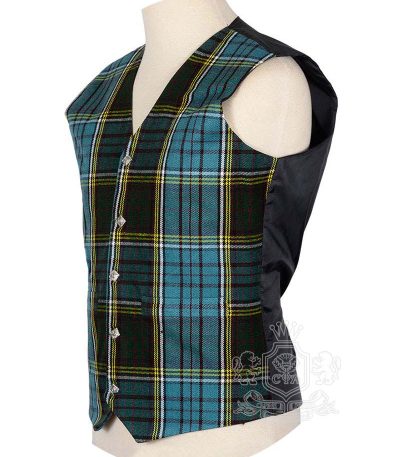 Anderson tartan waistcoat showing diamond-cut metal buttons and V-neck design detail