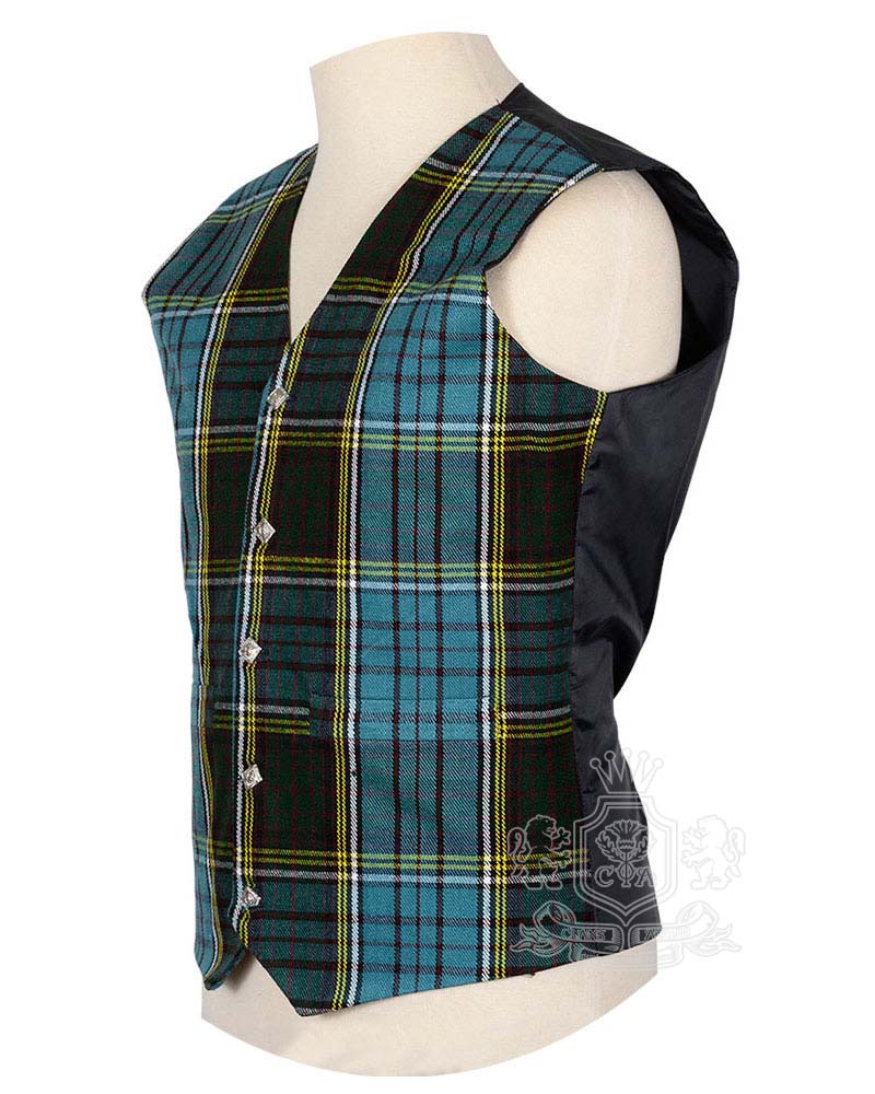 Anderson tartan waistcoat showing diamond-cut metal buttons and V-neck design detail