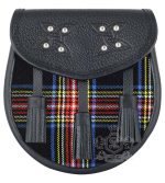 Black Stewart Tartan Black Leather Sporran | Scottish Kilt Pouch