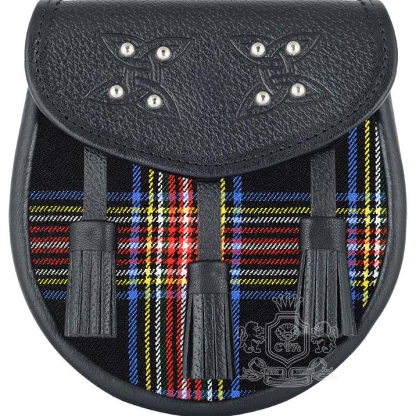 Black Stewart Tartan Black Leather Sporran | Scottish Kilt Pouch