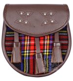 Black Stewart Tartan Brown Leather Sporran | Scottish Kilt Pouch