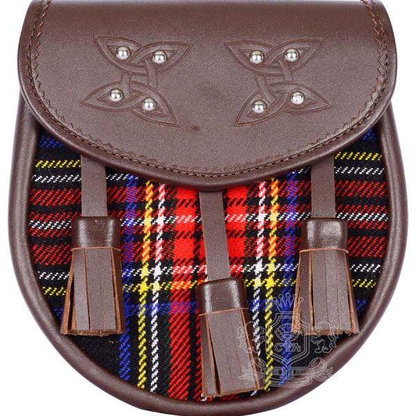 Black Stewart Tartan Brown Leather Sporran | Scottish Kilt Pouch