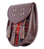 Black Stewart Tartan Brown Leather Sporran | Scottish Kilt Pouch - Image 3