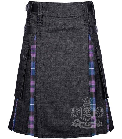Black Denim Hybrid Utility Kilt front view