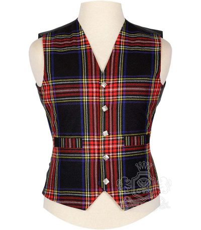 Black Stewart Tartan Vest in deep black green and white tartan, 5-button front view