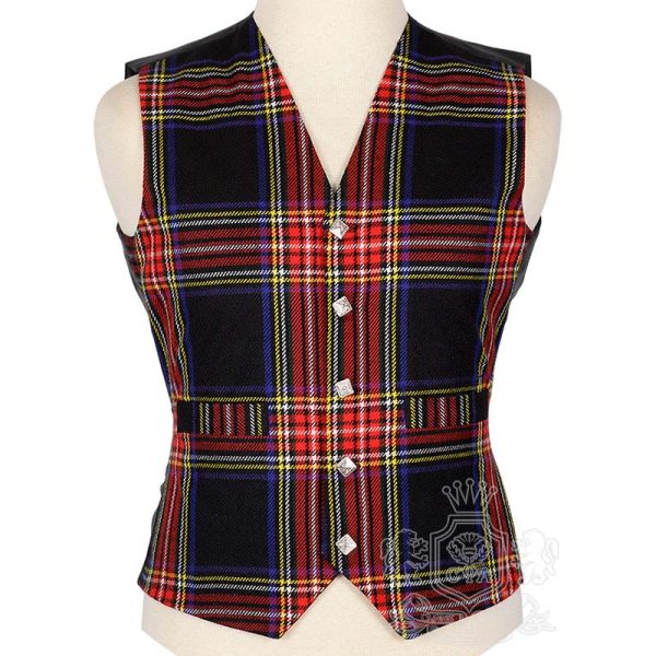 Black Stewart Tartan Vest in deep black green and white tartan, 5-button front view