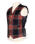 Black Stewart tartan waistcoat showing Rampant Lion metal buttons and V-neck design detail