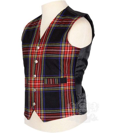Black Stewart tartan waistcoat showing Rampant Lion metal buttons and V-neck design detail